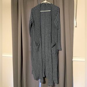 - Lularoe Large Sarah long sweater with pockets, solid blue -gray color.